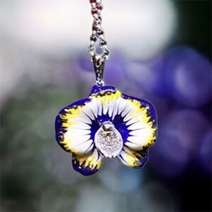 New Handmade Yellow Purple Orchid Flower Enamel Pendant Sterling Silver